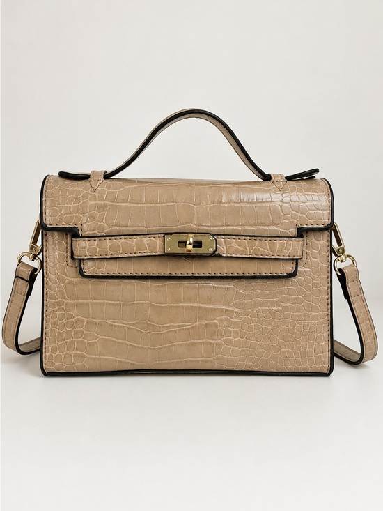 Handbags - Taupe Croc Embossed Top Handle Crossbody Satchel Bag